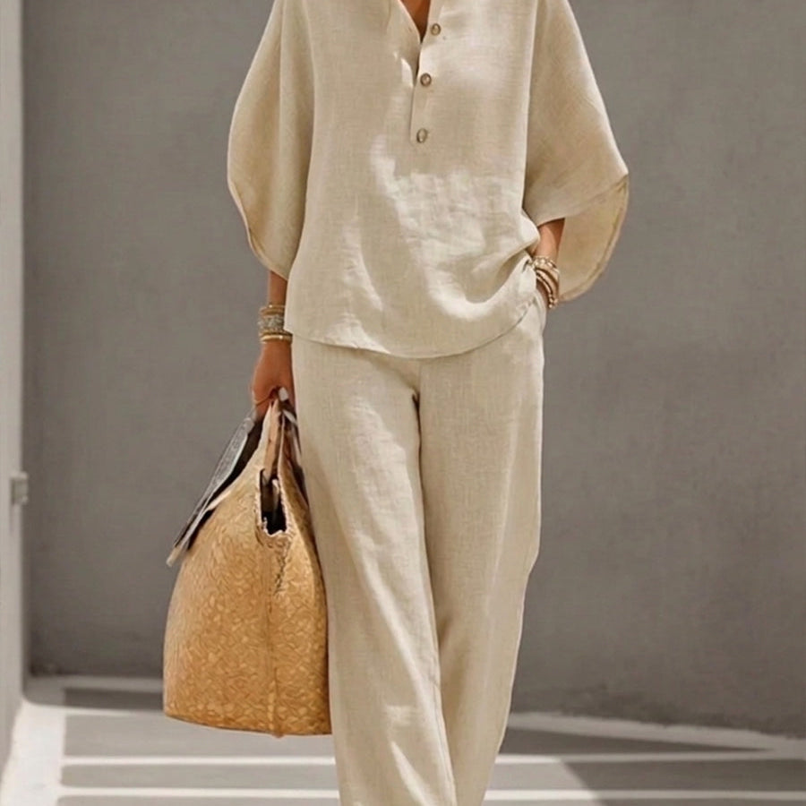 MARIEL | Ensemble Coton Lin Manches Chauve-Souris Pantalon Large