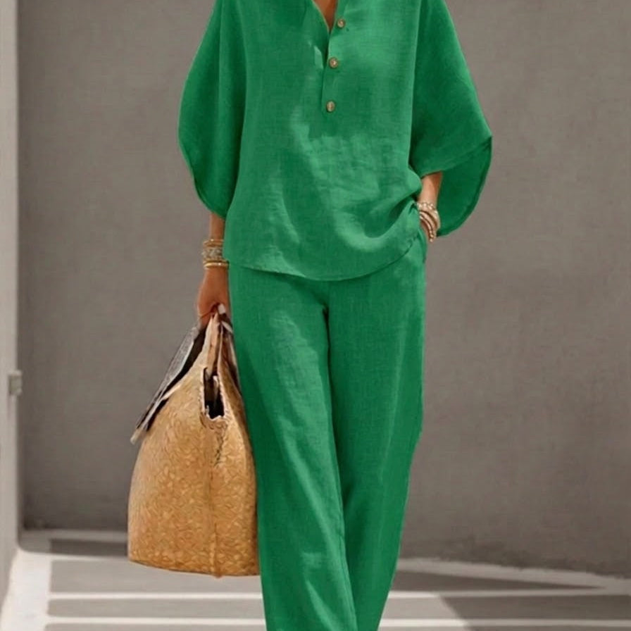 MARIEL | Ensemble Coton Lin Manches Chauve-Souris Pantalon Large