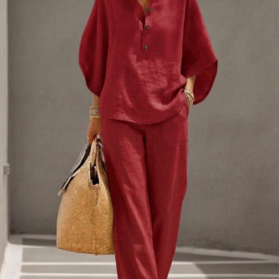 MARIEL | Ensemble Coton Lin Manches Chauve-Souris Pantalon Large