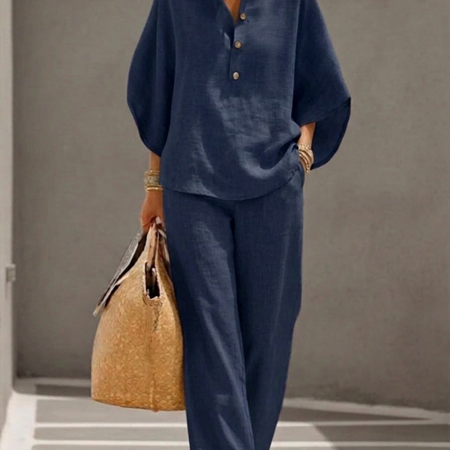 MARIEL | Ensemble Coton Lin Manches Chauve-Souris Pantalon Large