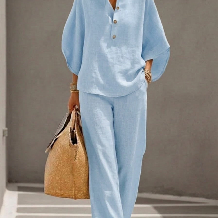 MARIEL | Ensemble Coton Lin Manches Chauve-Souris Pantalon Large