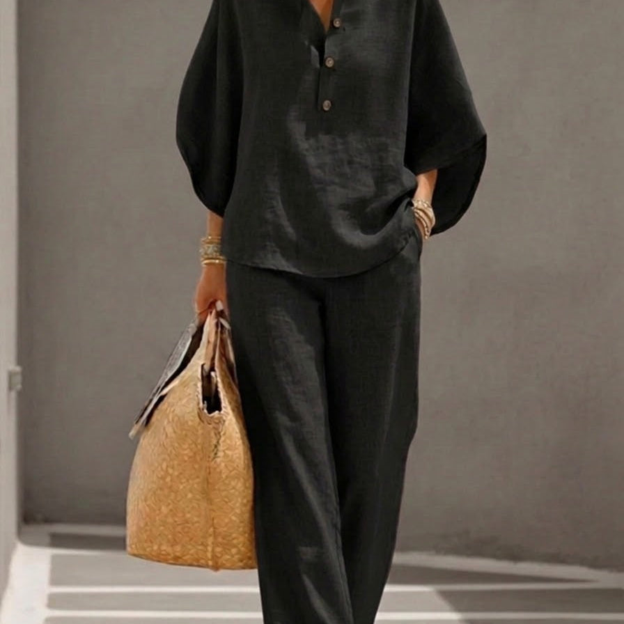 MARIEL | Ensemble Coton Lin Manches Chauve-Souris Pantalon Large