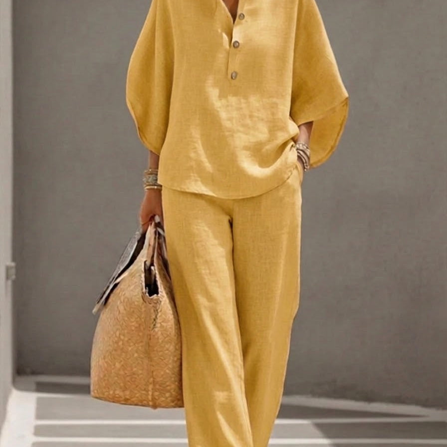 MARIEL | Ensemble Coton Lin Manches Chauve-Souris Pantalon Large