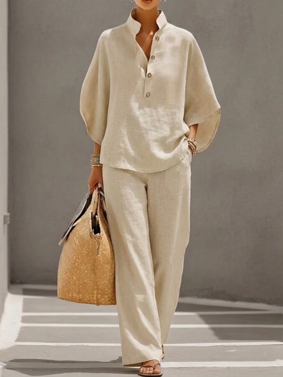 MARIEL | Ensemble Coton Lin Manches Chauve-Souris Pantalon Large