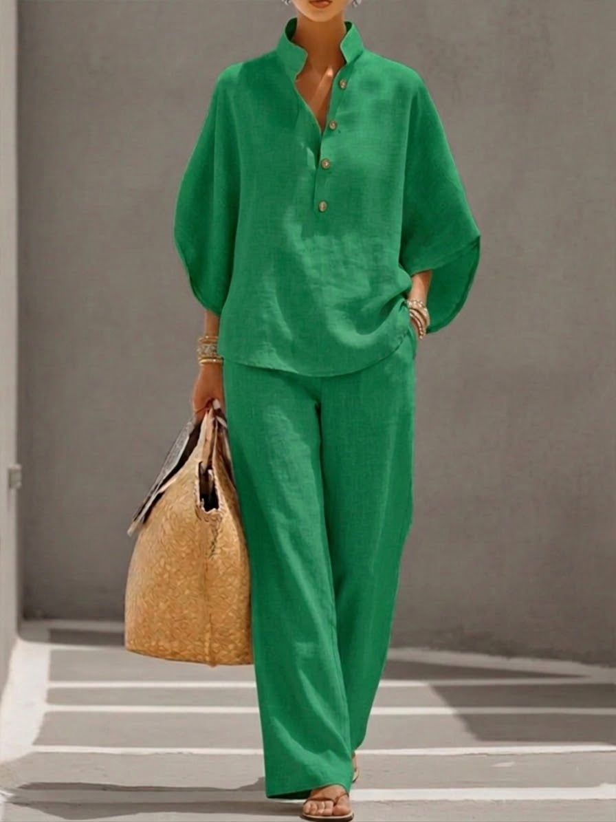 MARIEL | Ensemble Coton Lin Manches Chauve-Souris Pantalon Large