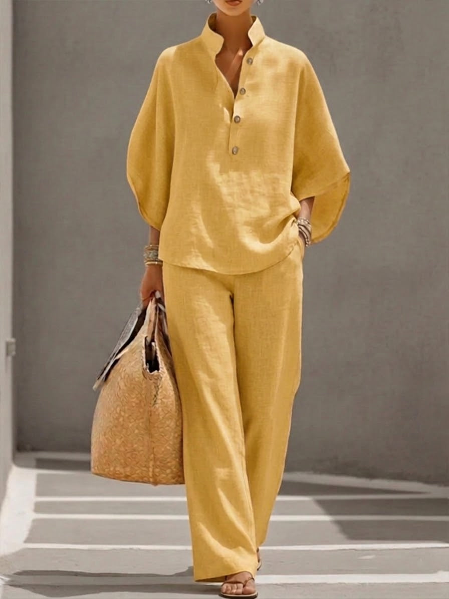 MARIEL | Ensemble Coton Lin Manches Chauve-Souris Pantalon Large